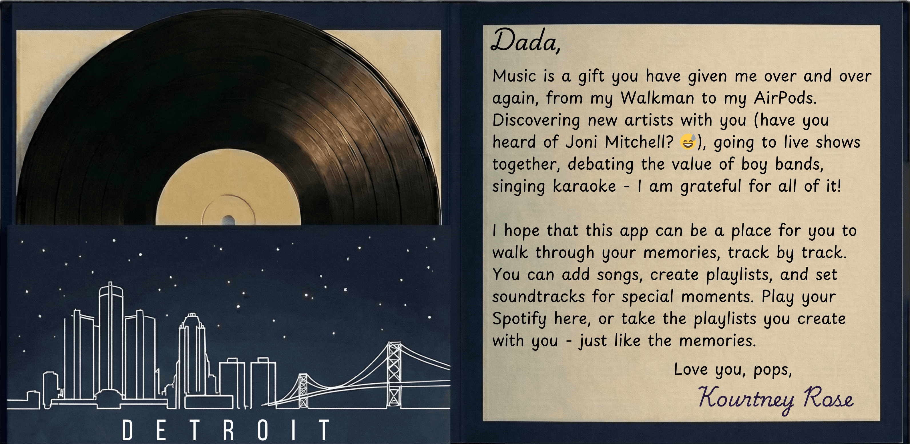 A vinyl gatefold with Detroit skyline artwork and a letter to Dad